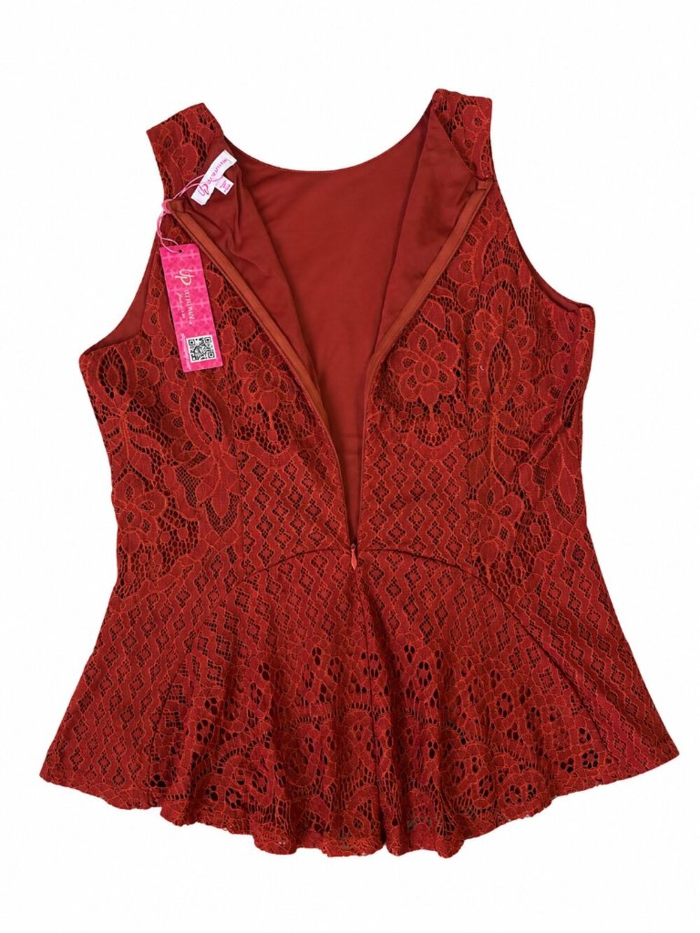 Elegant Brick Brown Lace Peplum Top Flowy Hem Back Zipper Size L NWT - Picture 3 of 4